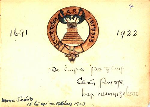 A page from the Gormanstown autograph book, showing the Limerick City Battalion crest